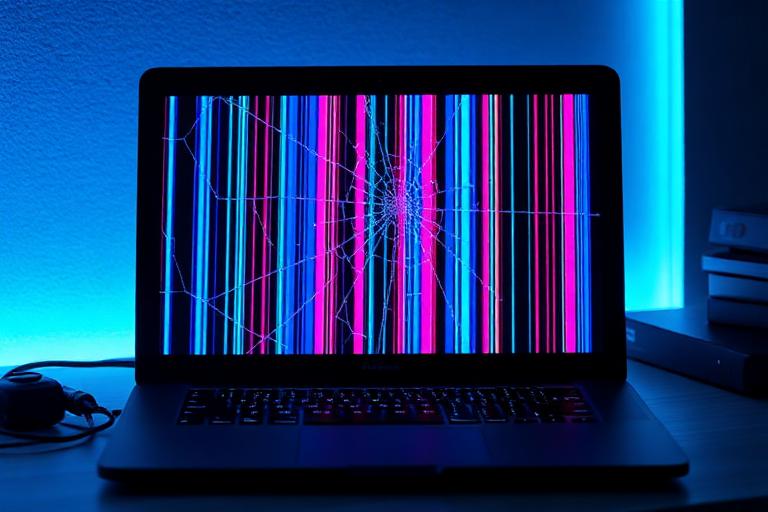 Laptop with a cracked screen showing distorted, glitching colour bands