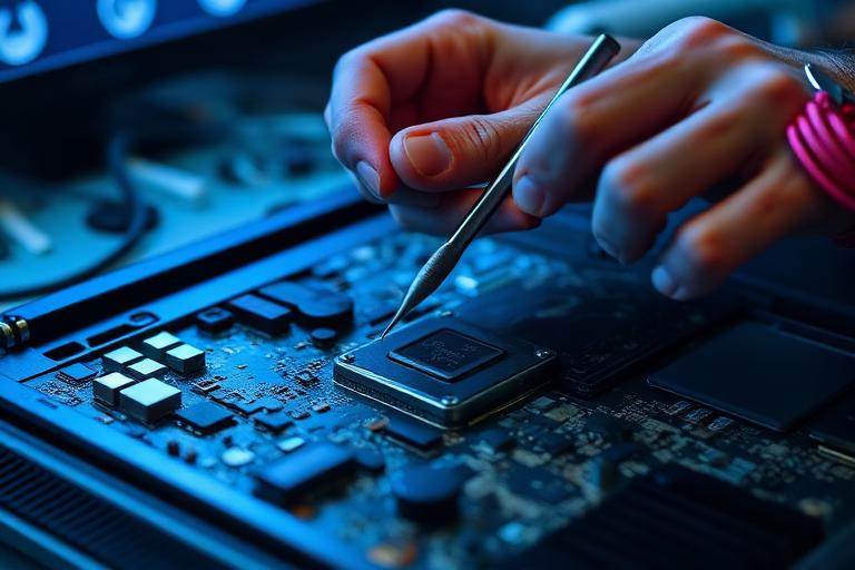 Technician using a precision screwdriver to repair components on a laptop motherboard