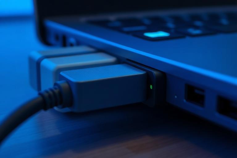 Close-up of a laptop charging port with the power adapter cable plugged in