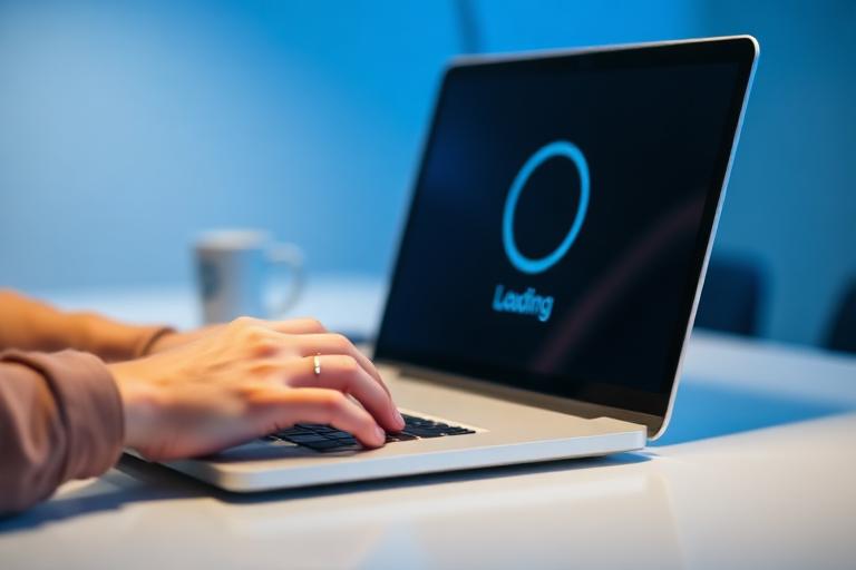 Frustrated person waiting at a laptop that shows a stalled loading spinner on screen