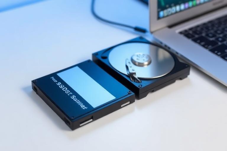An SSD and a mechanical hard disk drive laid out on a workbench beside an open laptop